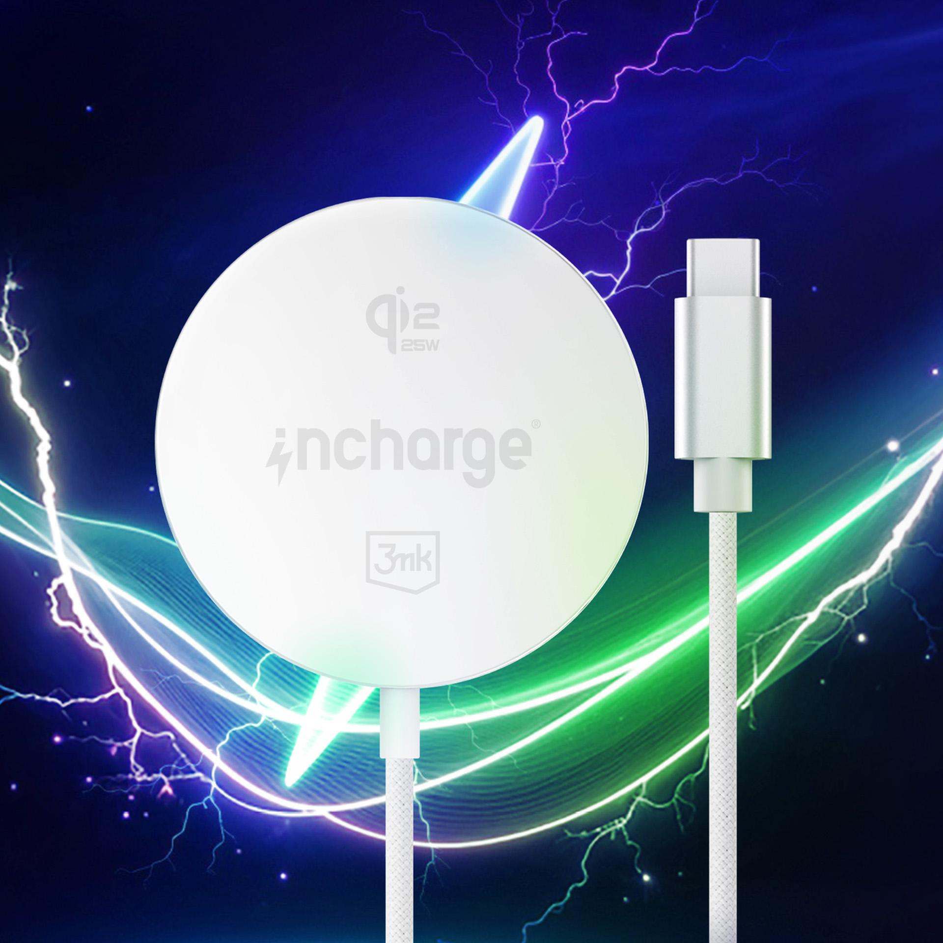 Biała ładowarka Qi z kablem USB-C na tle błyskawic.