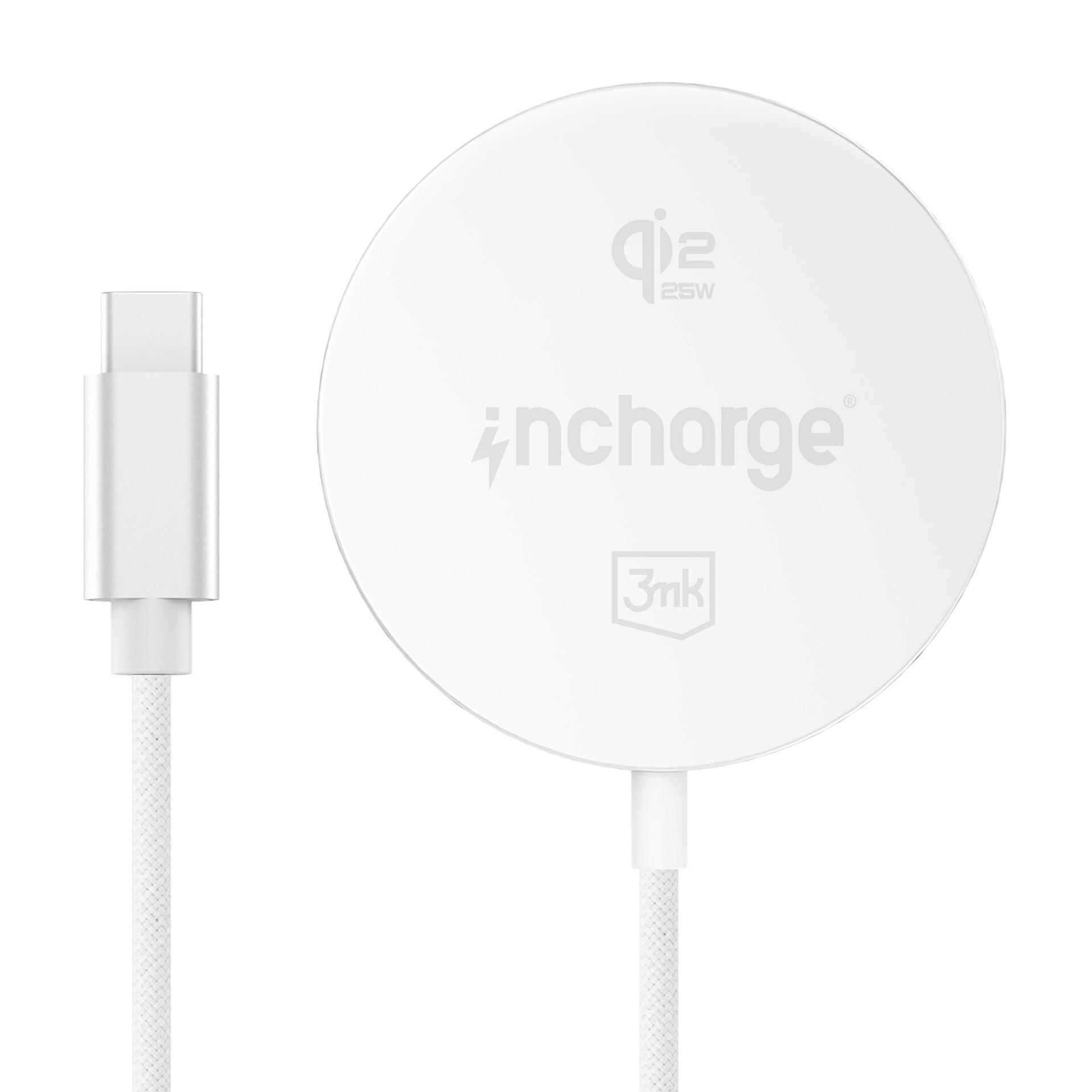 Biały kabel USB-C i okrągła, biała ładowarka bezprzewodowa z napisem.