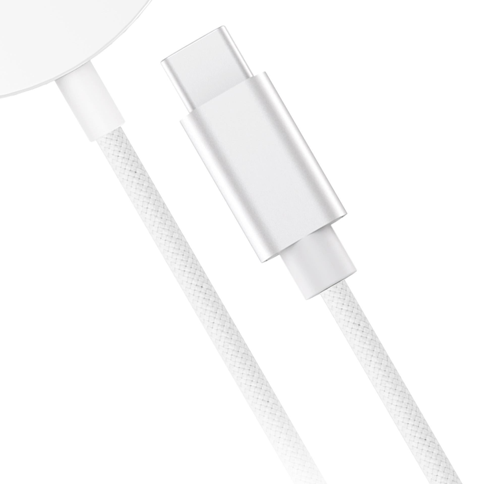 Biały kabel USB-C z plecionym sznurkiem i srebrną wtyczką.