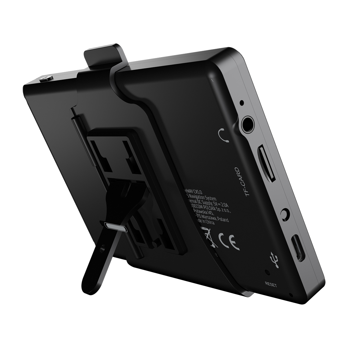 Czarny system nawigacji z rozkładaną podstawką. Widoczne porty z boku.