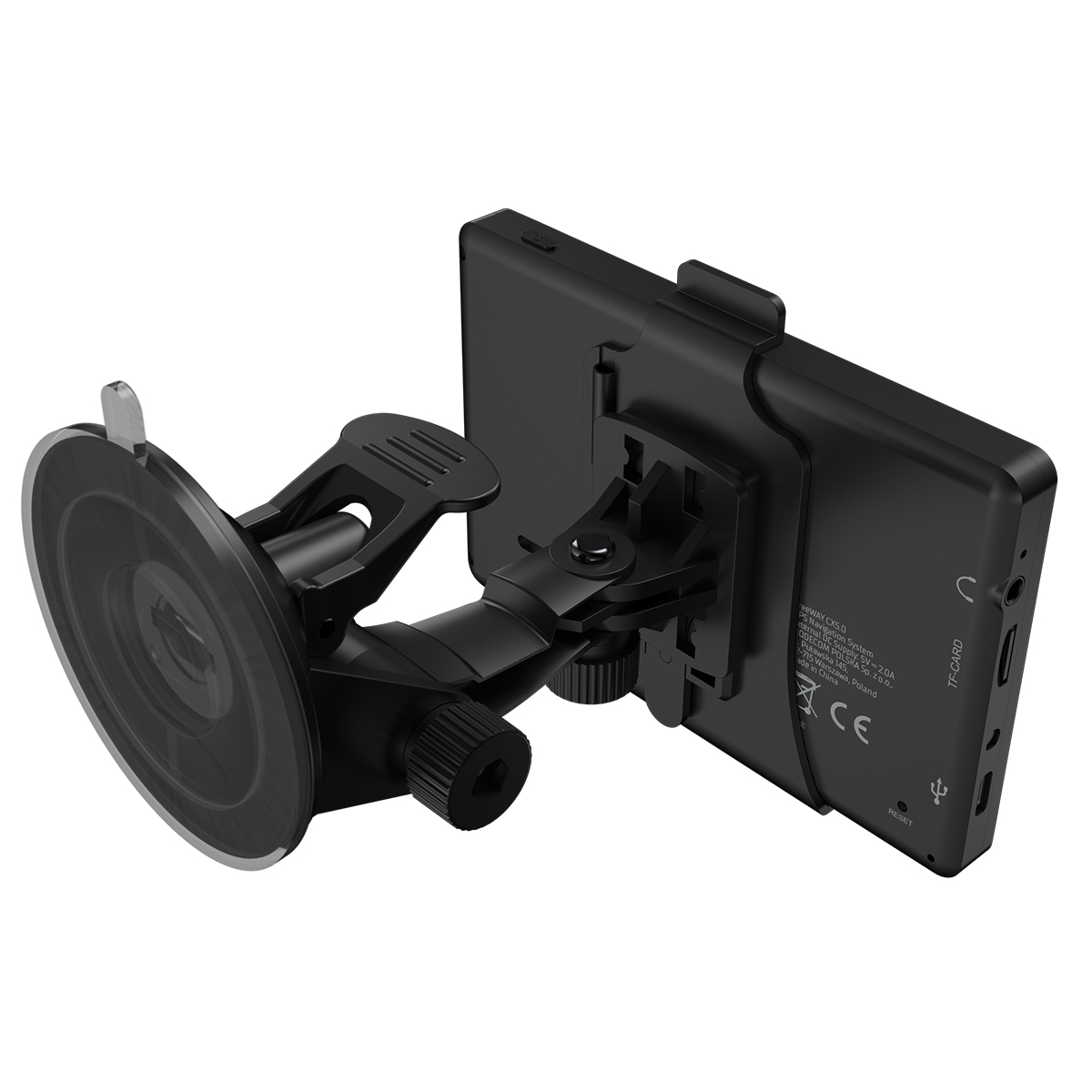 Czarny ekran nawigacyjny z mocowaniem na przyssawkę i kablami na białym tle.