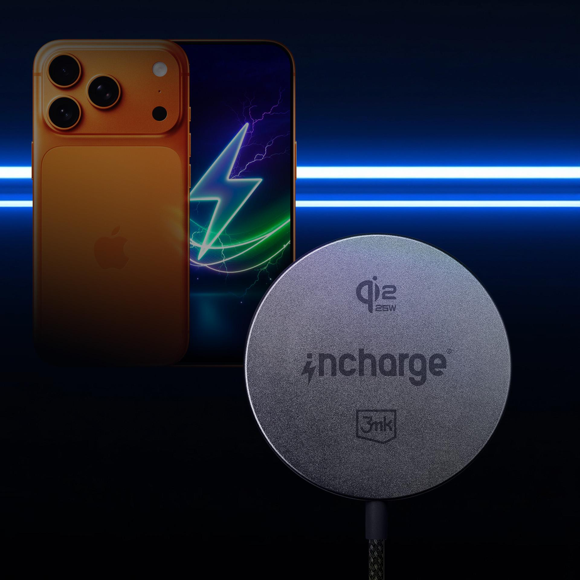 Pomarańczowy iPhone obok okrągłej ładowarki z logo "incharge".
