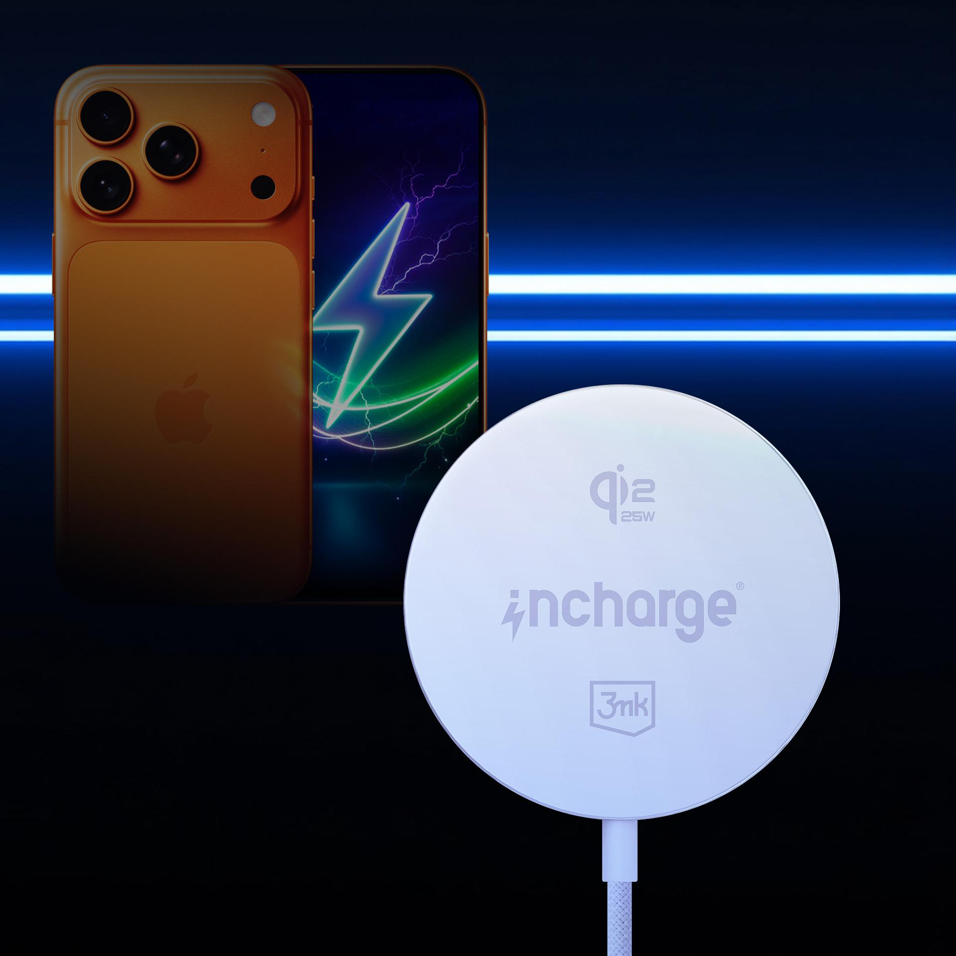 Złoty iPhone z błyskawicą na ekranie i białą okrągłą ładowarką bezprzewodową na ciemnym tle.