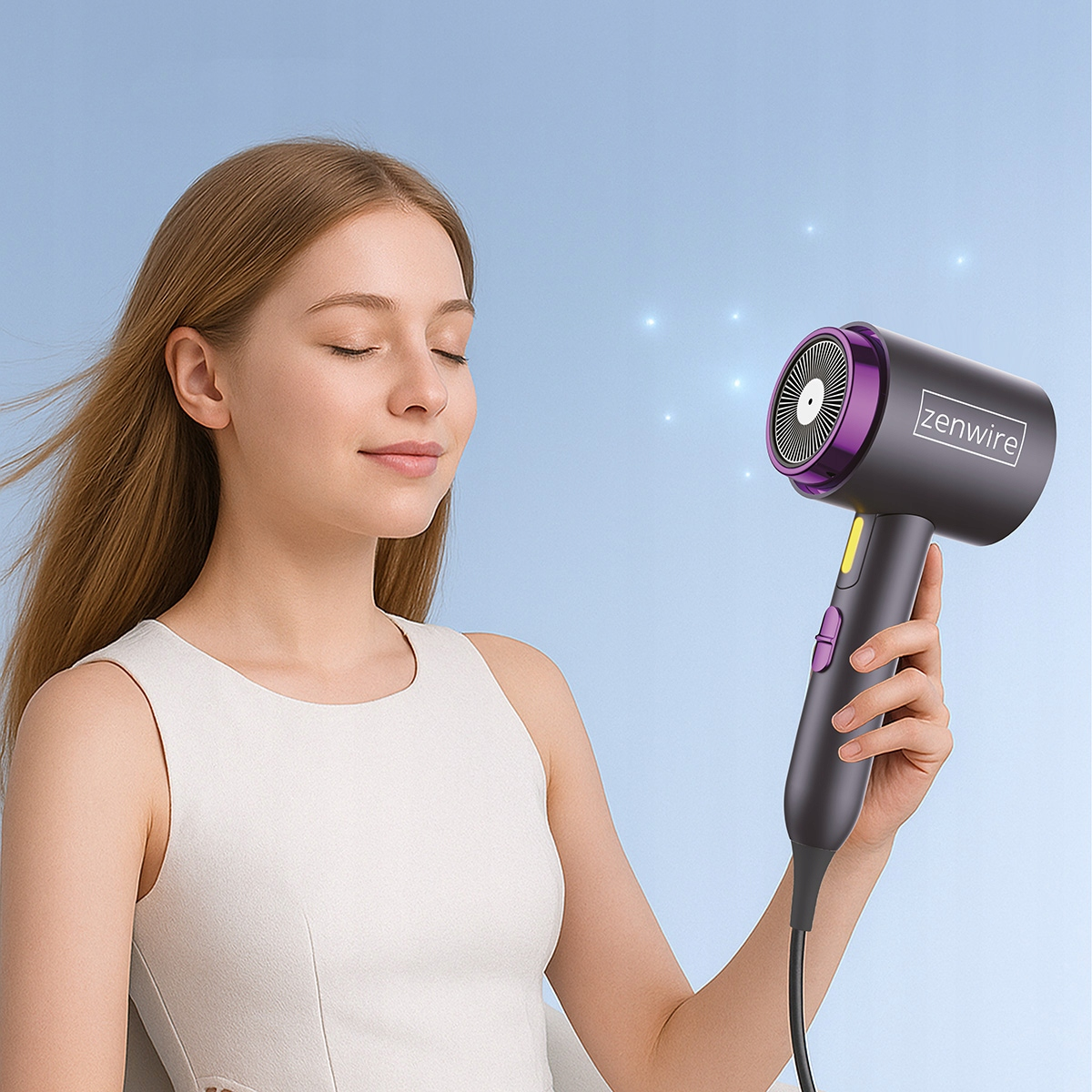 Kobieta trzyma ciemną suszarkę do włosów z fioletowymi akcentami na niebieskim tle.