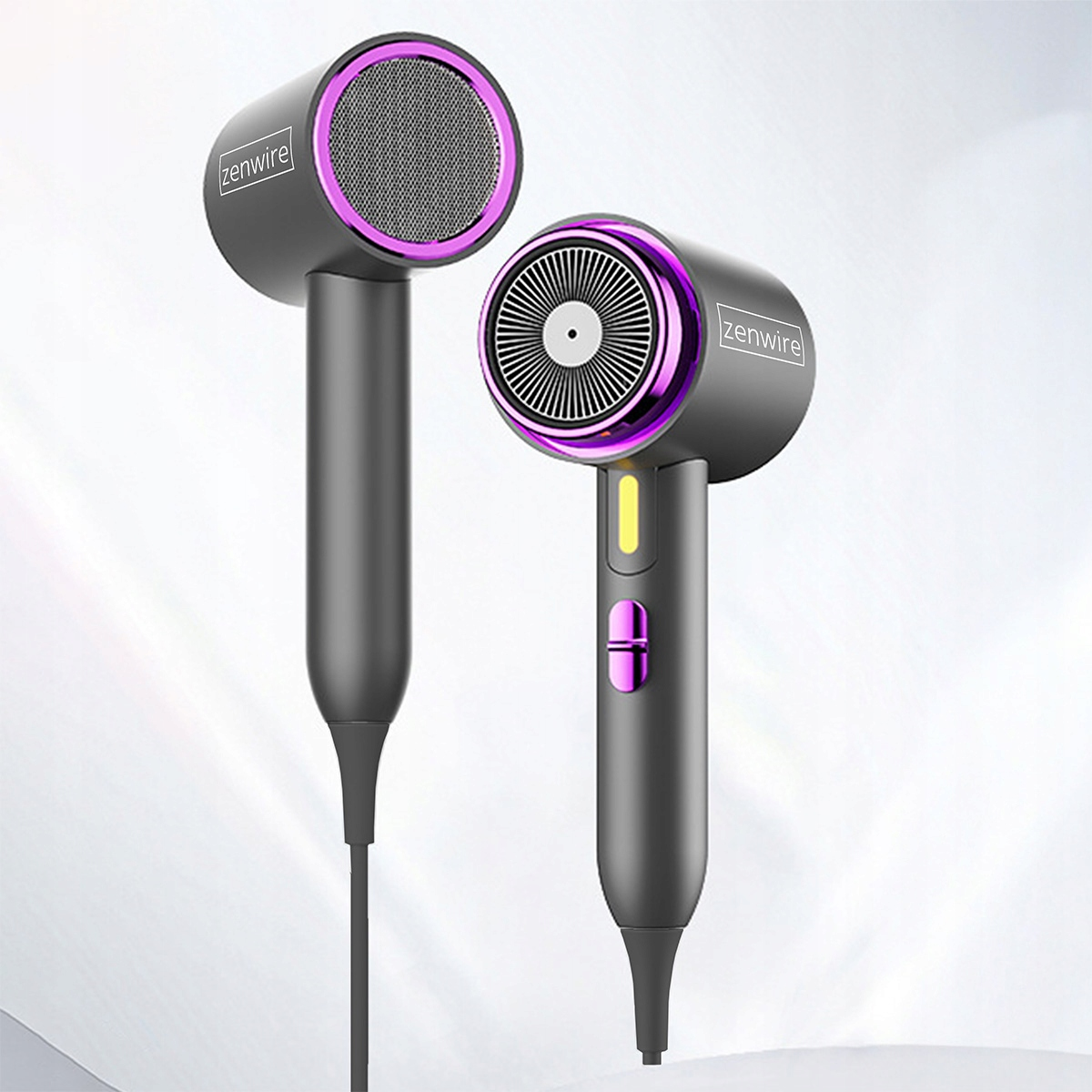 Dwa ciemne suszarki do włosów z fioletowymi akcentami, na jasnym tle.