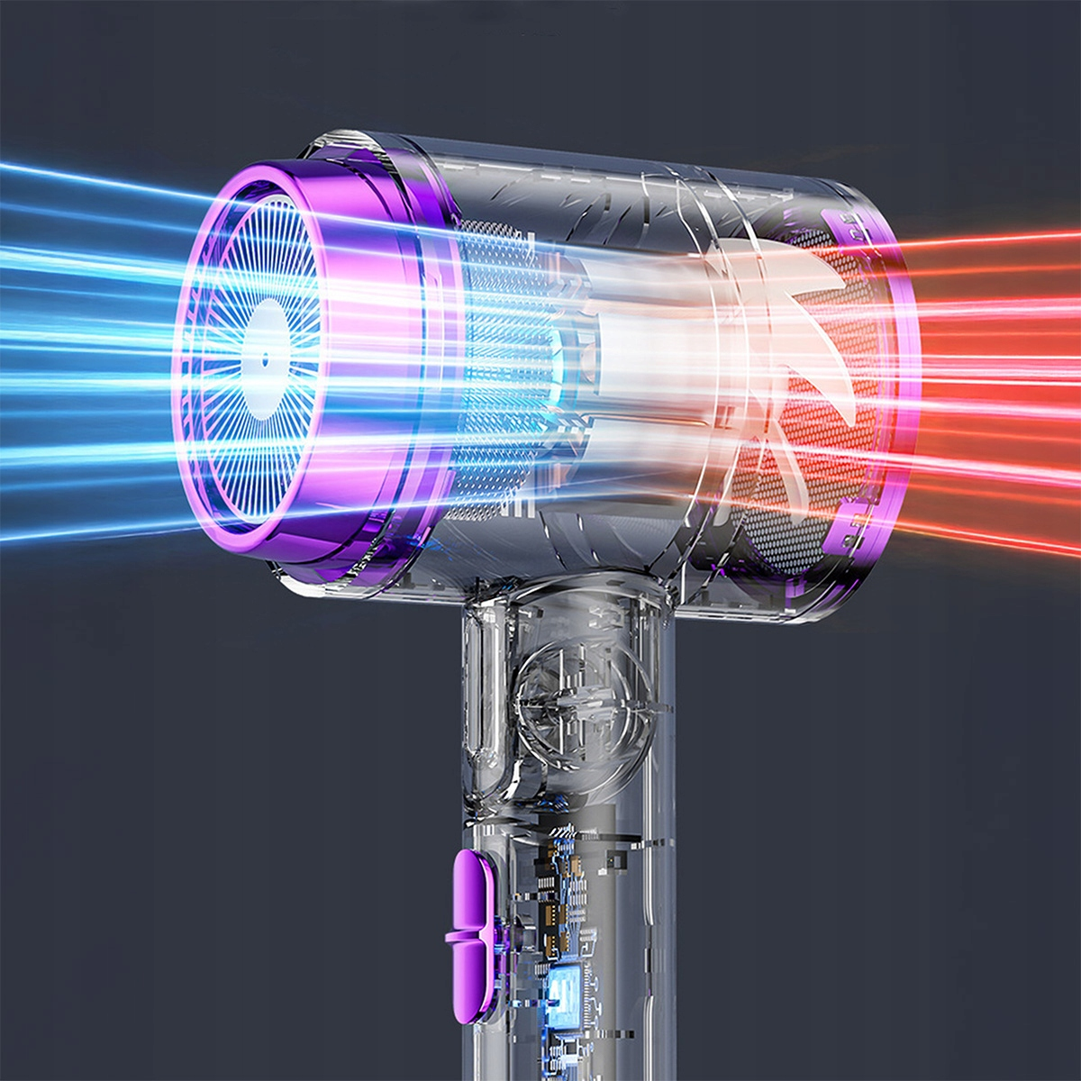 Przezroczysta suszarka do włosów z fioletowymi akcentami emituje niebieskie zimne i czerwone gorące powietrze, ukazując wewnętrzne mechanizmy.