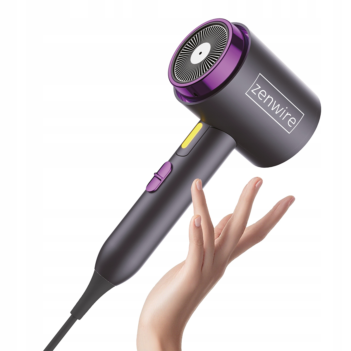 Fioletowo-czarna suszarka do włosów z logo Zenwire, trzymana przez dłoń.