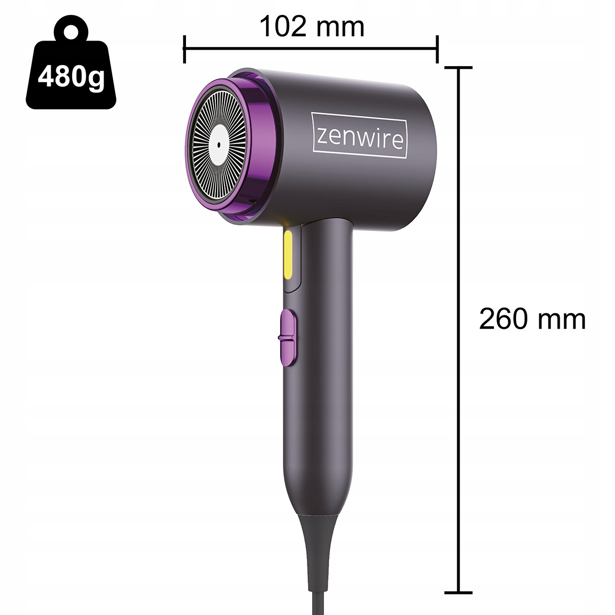 Ciemnoszary suszarka do włosów z fioletową osłoną wentylatora. Wymiary: 102x260mm.