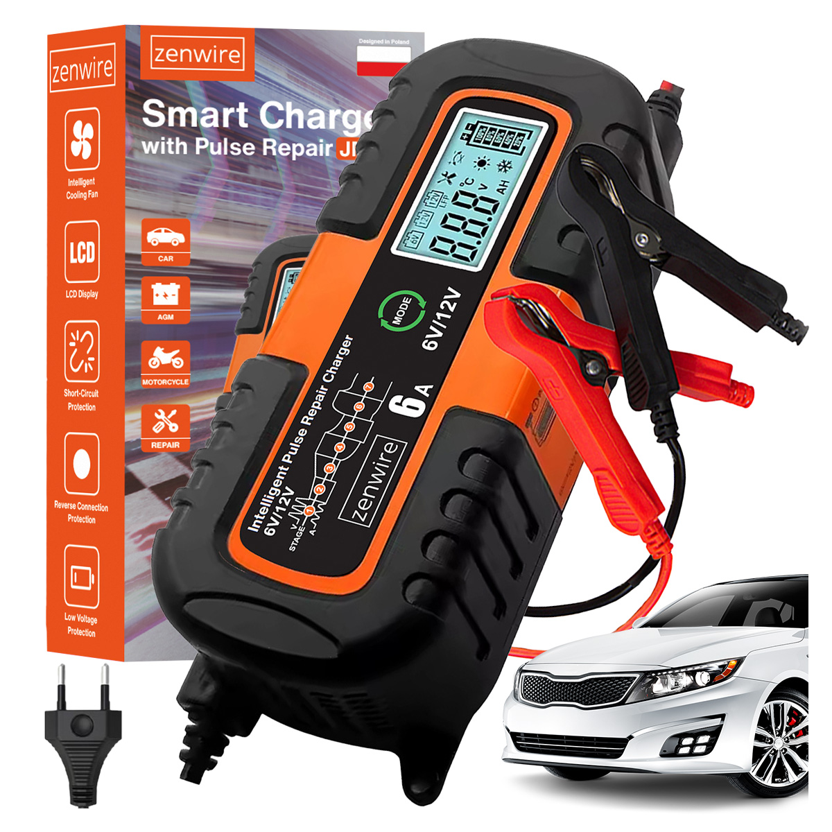 Pomarańczowa ładowarka do akumulatorów samochodowych z zaciskami i wyświetlaczem stoi przed białym samochodem.