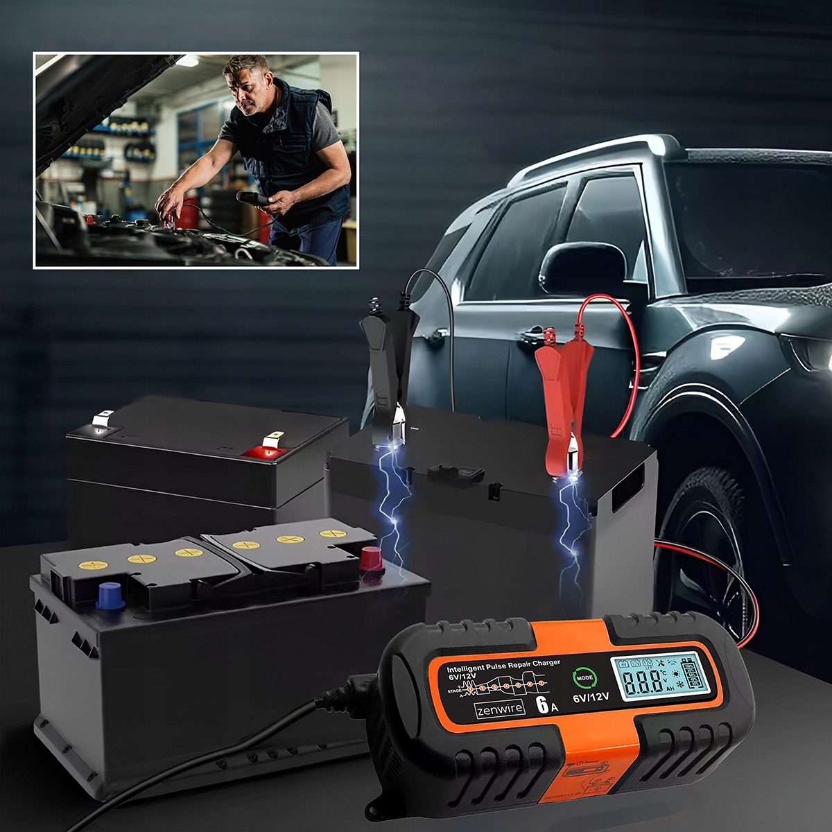 Ładowarka akumulatorów samochodowych z zaciskami przy samochodzie, akumulatory z przodu.