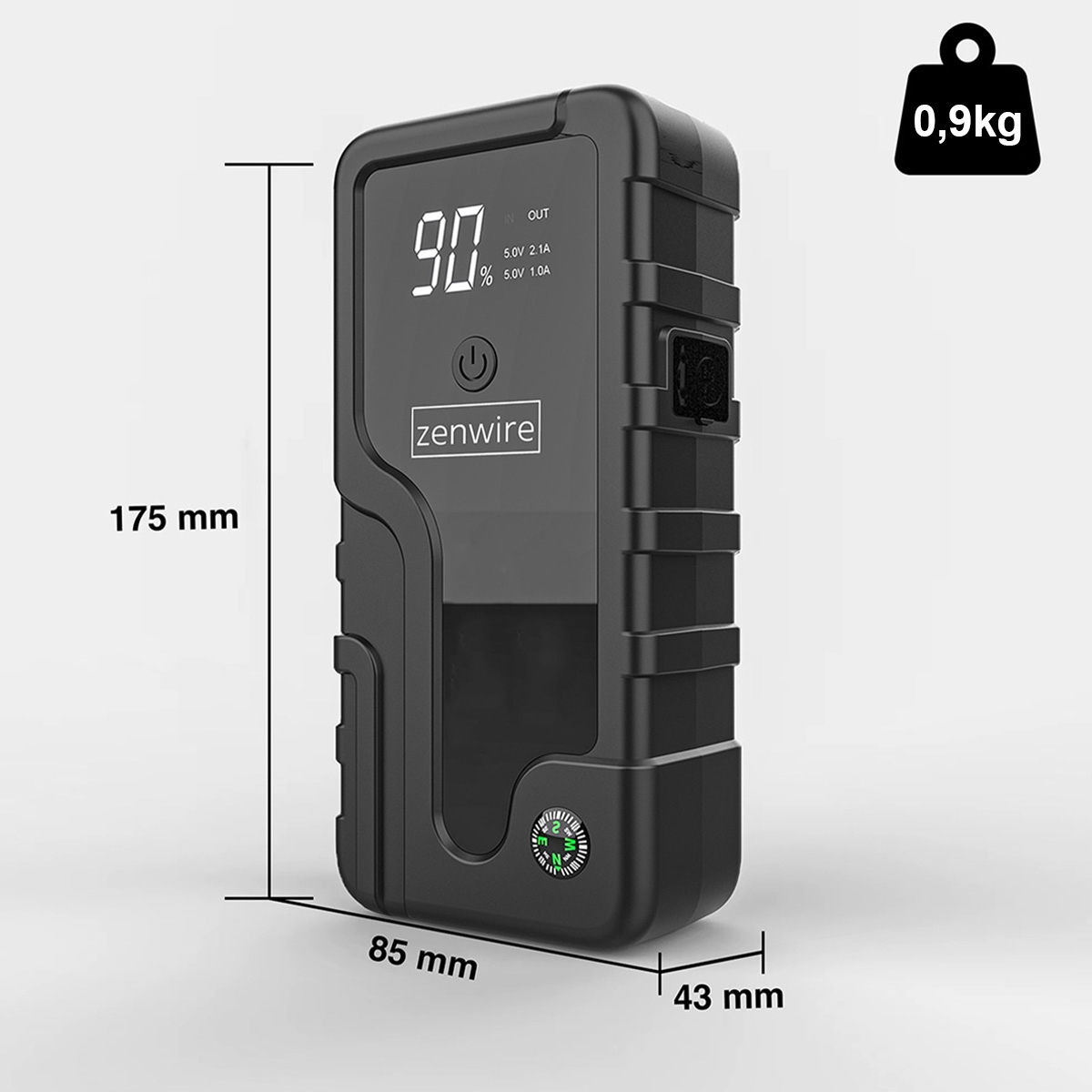 Power bank nera al 90% di carica, dimensioni 175x85x43mm, peso 0,9kg.