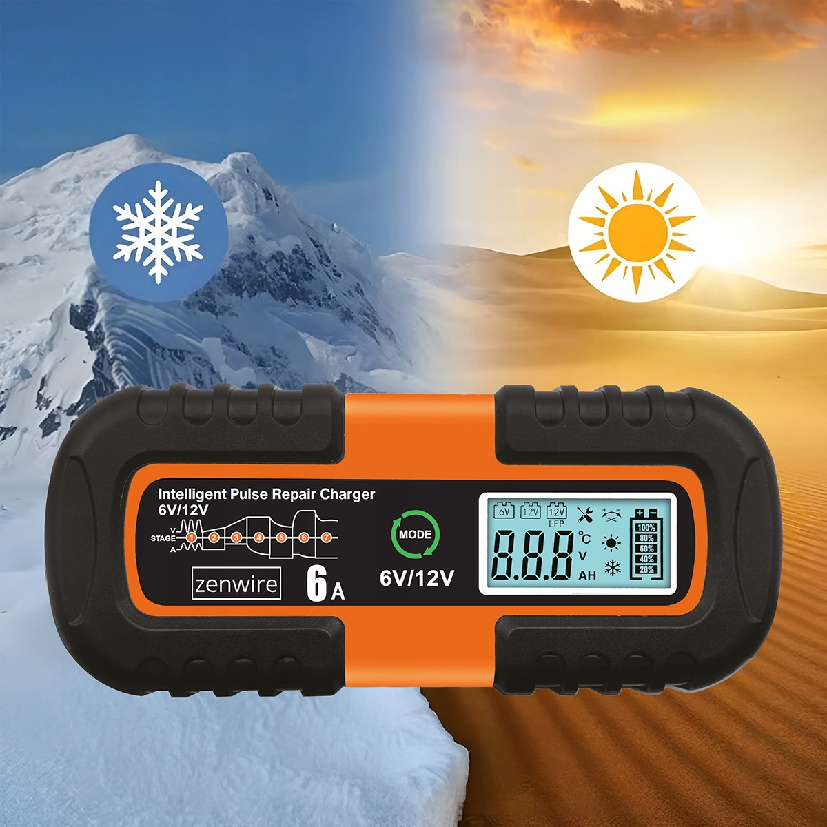 Pomarańczowa ładowarka z wyświetlaczem na tle ośnieżonych gór i pustynnych wydm.