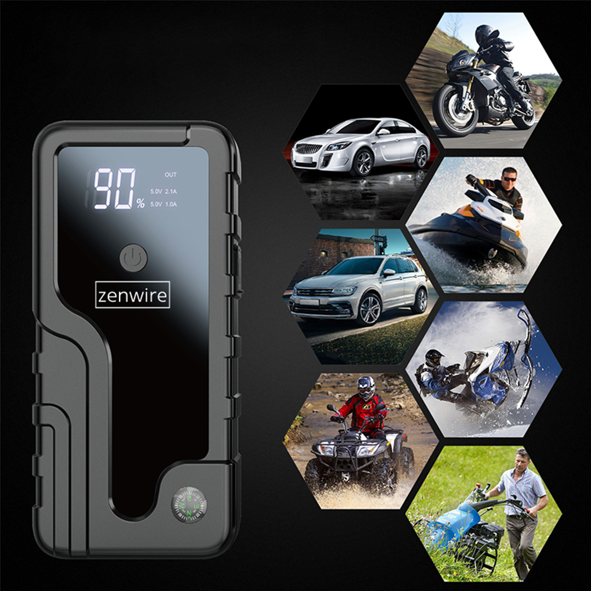 Power bank nera con schermo. Sei immagini esagonali: moto, auto, jet ski, SUV, quad, tosaerba.