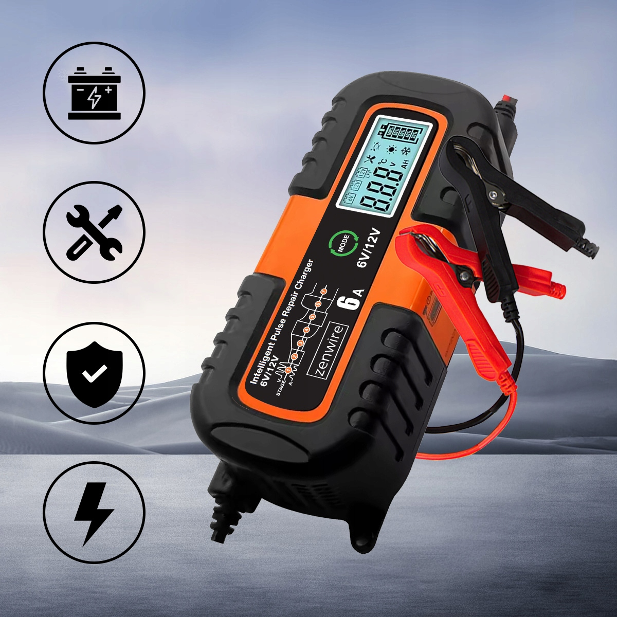 Pomarańczowo-czarna ładowarka akumulatorów z zaciskami i cyfrowym wyświetlaczem.