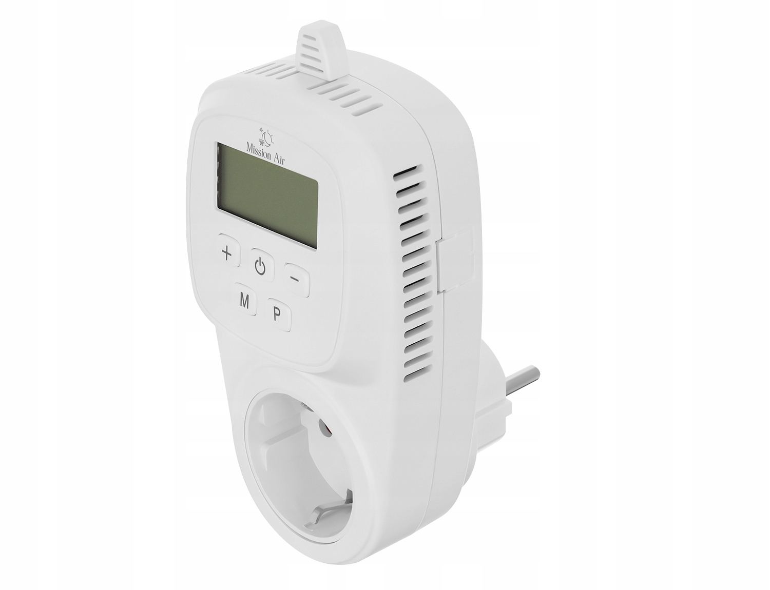 Biały termostat cyfrowy z ekranem LCD, przyciskami i gniazdkiem.