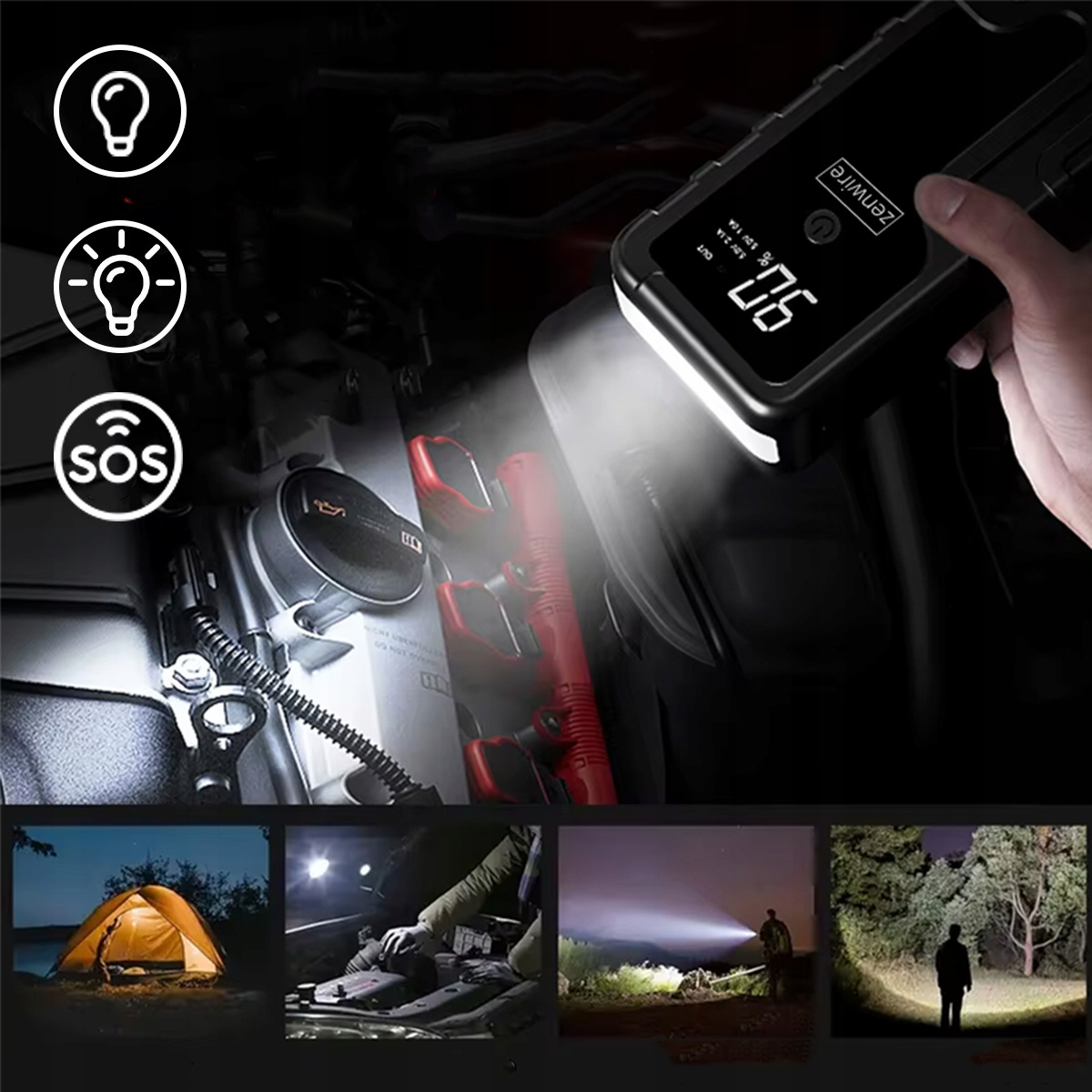 Un dispositivo multifunzione illumina il vano motore di un'auto, con icone.