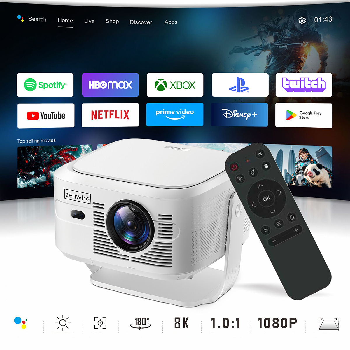 Biały projektor z pilotem przed ekranem z ikonami aplikacji.