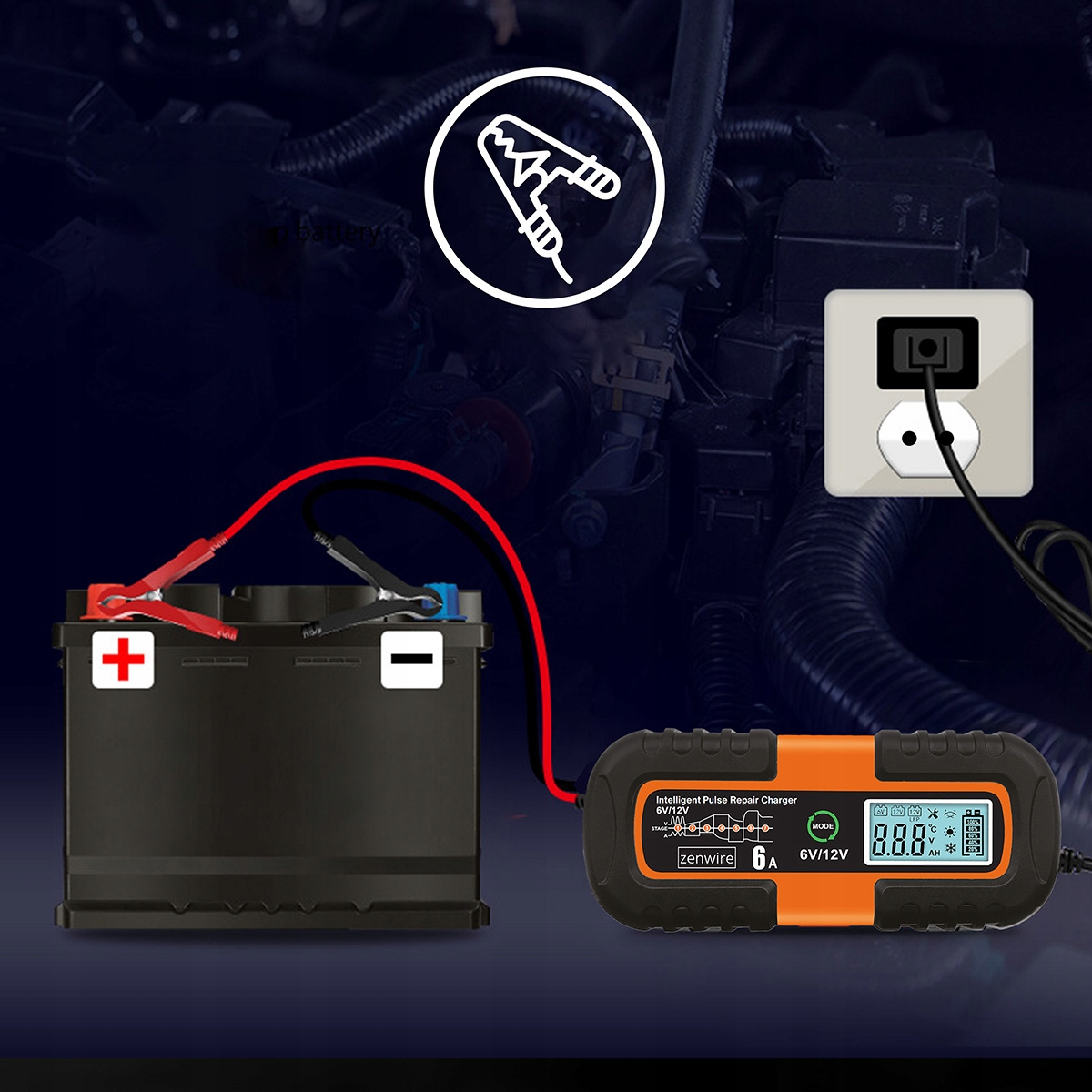 Ładowarka akumulatora samochodowego ze zaciskami podłączonymi do akumulatora i gniazdka.