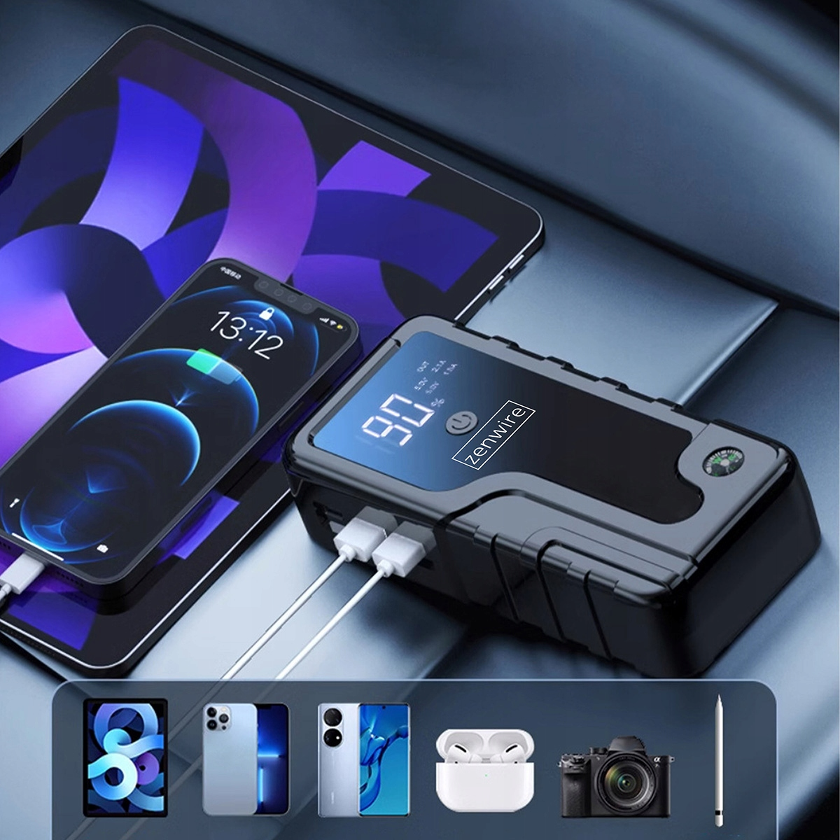 Un power bank nero carica un iPhone e un tablet. Sotto ci sono icone di dispositivi.