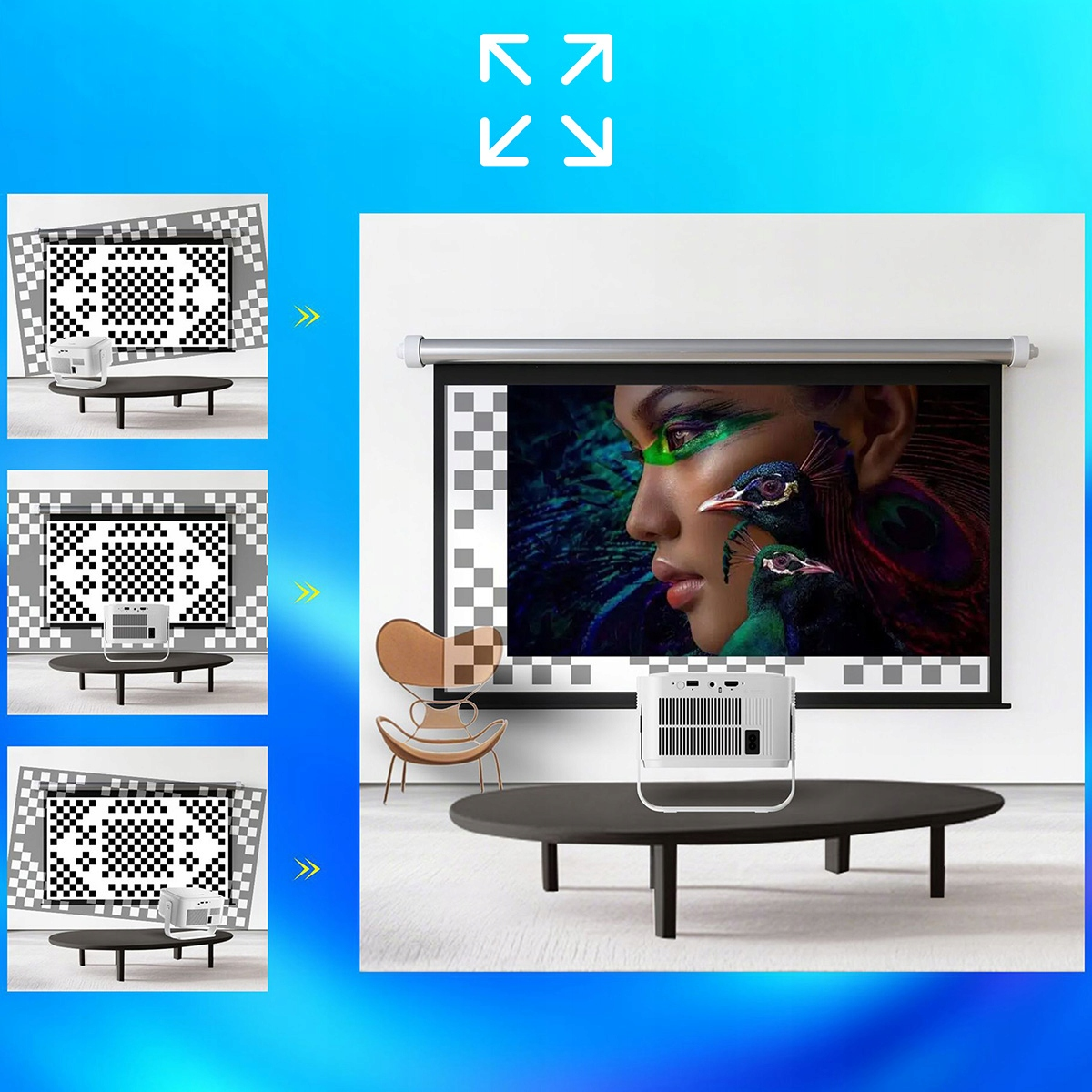 Projektor wyświetla kobietę z piórami pawia. Obraz kalibracyjny po lewej.