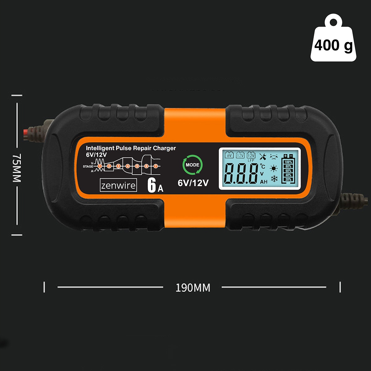 Inteligentna ładowarka naprawcza impulsowa, 6A, 6V/12V, wyświetlacz cyfrowy, 190x75mm, 400g.