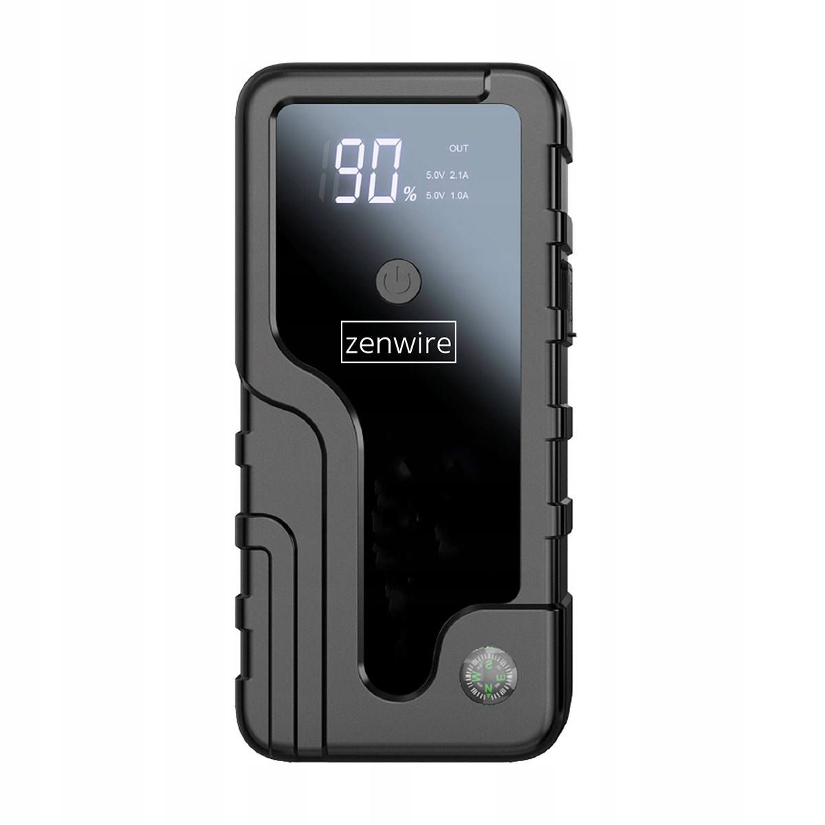 Power bank nera Zenwire con 90% di batteria, bussola e display.