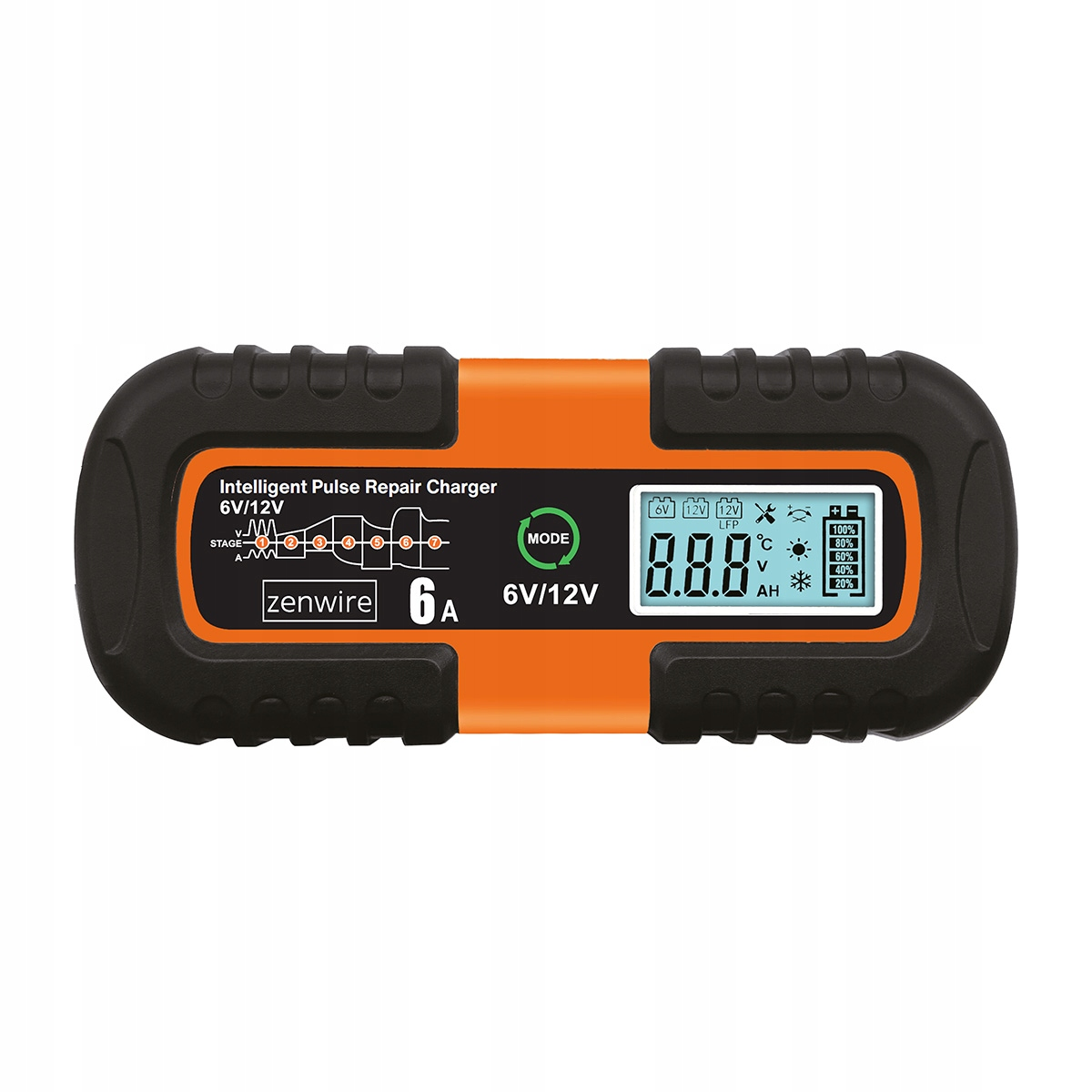 Inteligentna ładowarka naprawcza impulsowa, 6V/12V, 6A, z wyświetlaczem cyfrowym.