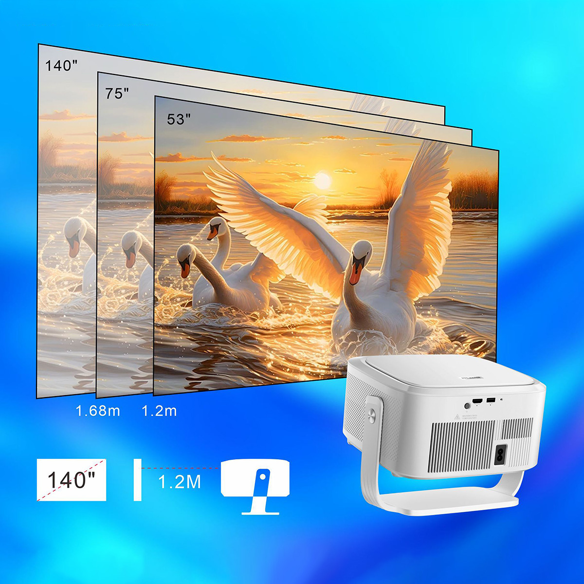 Projektor wyświetla trzy rozmiary ekranu z łabędziami o zachodzie słońca.