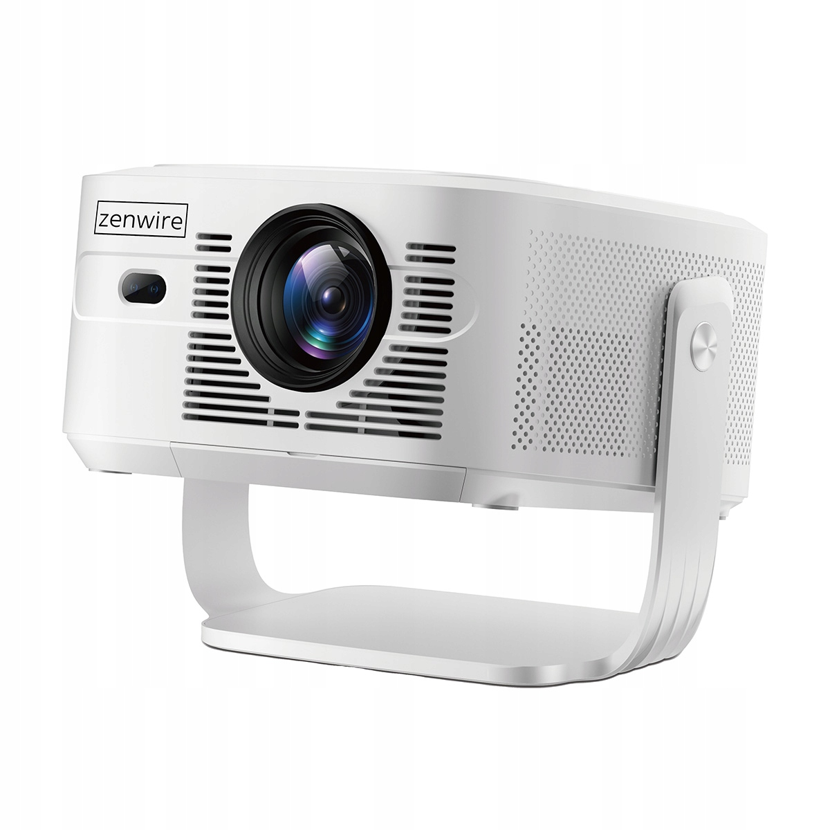 Biały projektor Zenwire, z ciemnym obiektywem i kratkami wentylacyjnymi z przodu, stoi na białej podstawce.