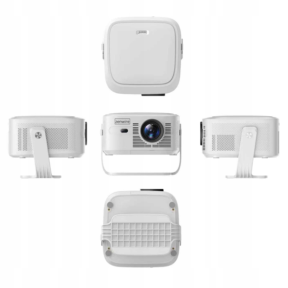 Biały projektor pokazany z przodu, z boku, z góry i od dołu.