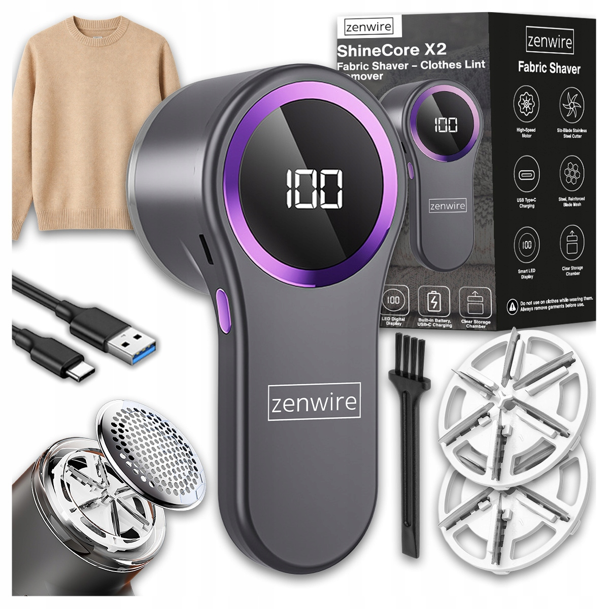 Golarka do tkanin z USB-C, zapasowymi ostrzami, szczotką i swetrem.
