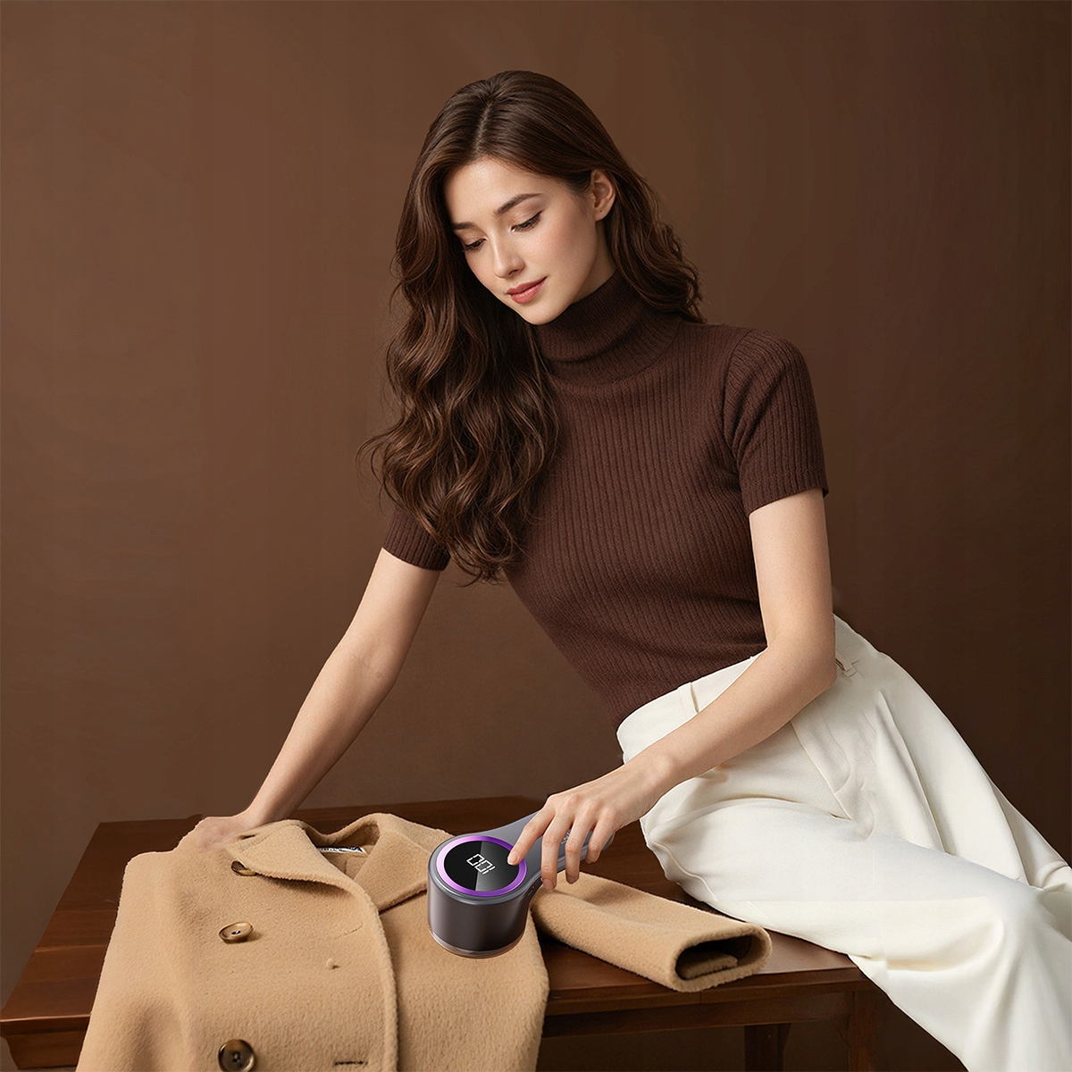 Kobieta używa golarki do tkanin na beżowym płaszczu.