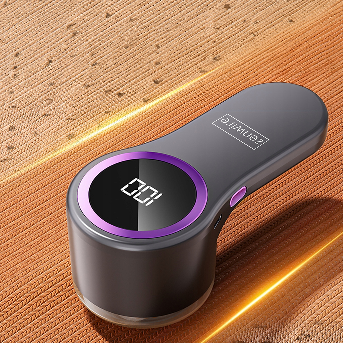 Szary golarka do tkanin z cyfrowym wyświetlaczem i fioletowym wykończeniem.