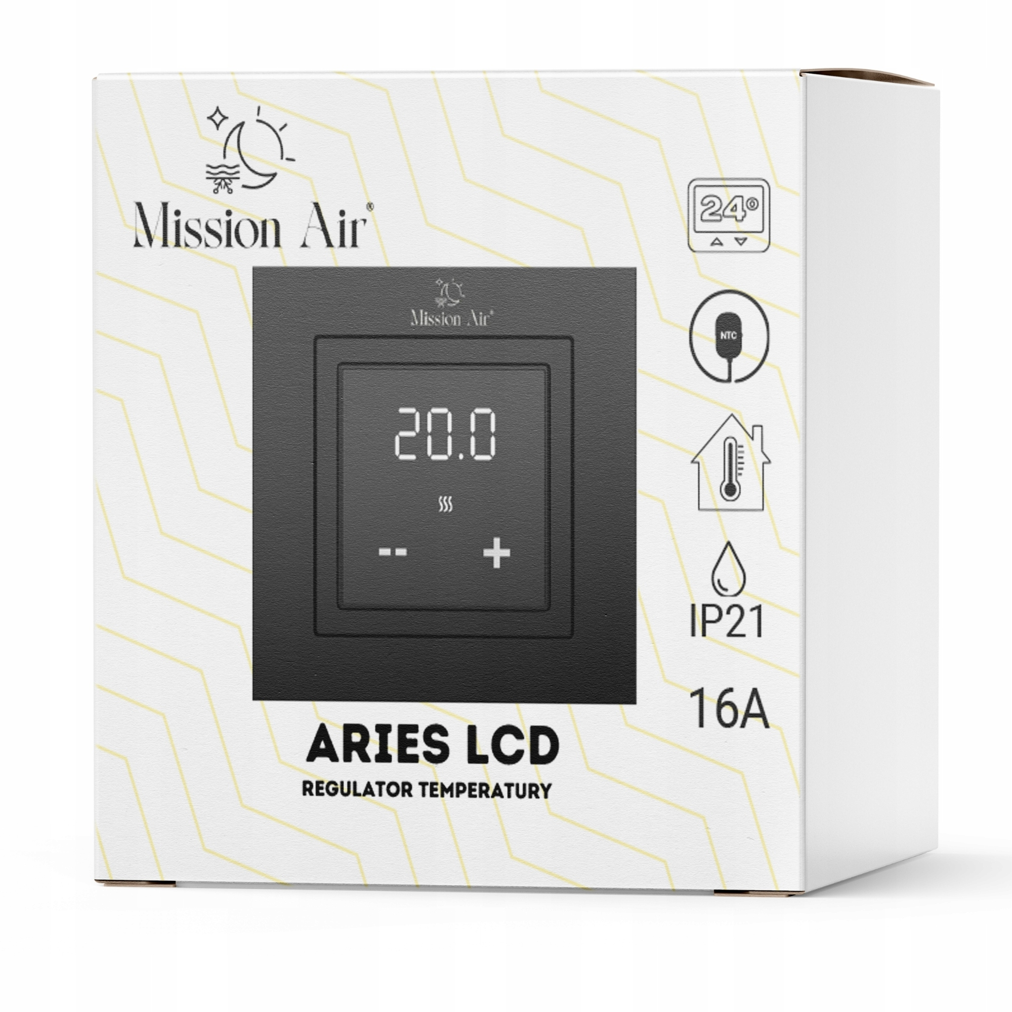 Pudełko pokazuje termostat Mission Air Aries LCD z wyświetlaczem 20,0.
