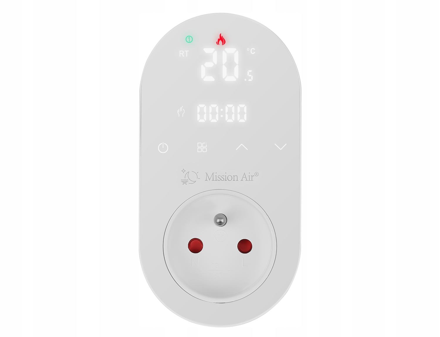 Biała cyfrowa wtyczka termostatu z temperaturą 20°C i timerem 00:00.