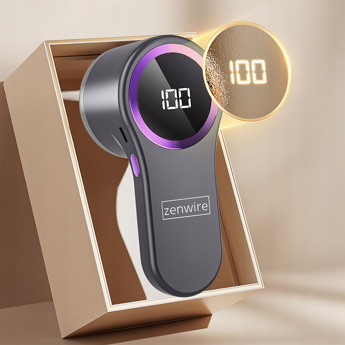 Szary golarka do tkanin z fioletową obwódką i wyświetlaczem 100.