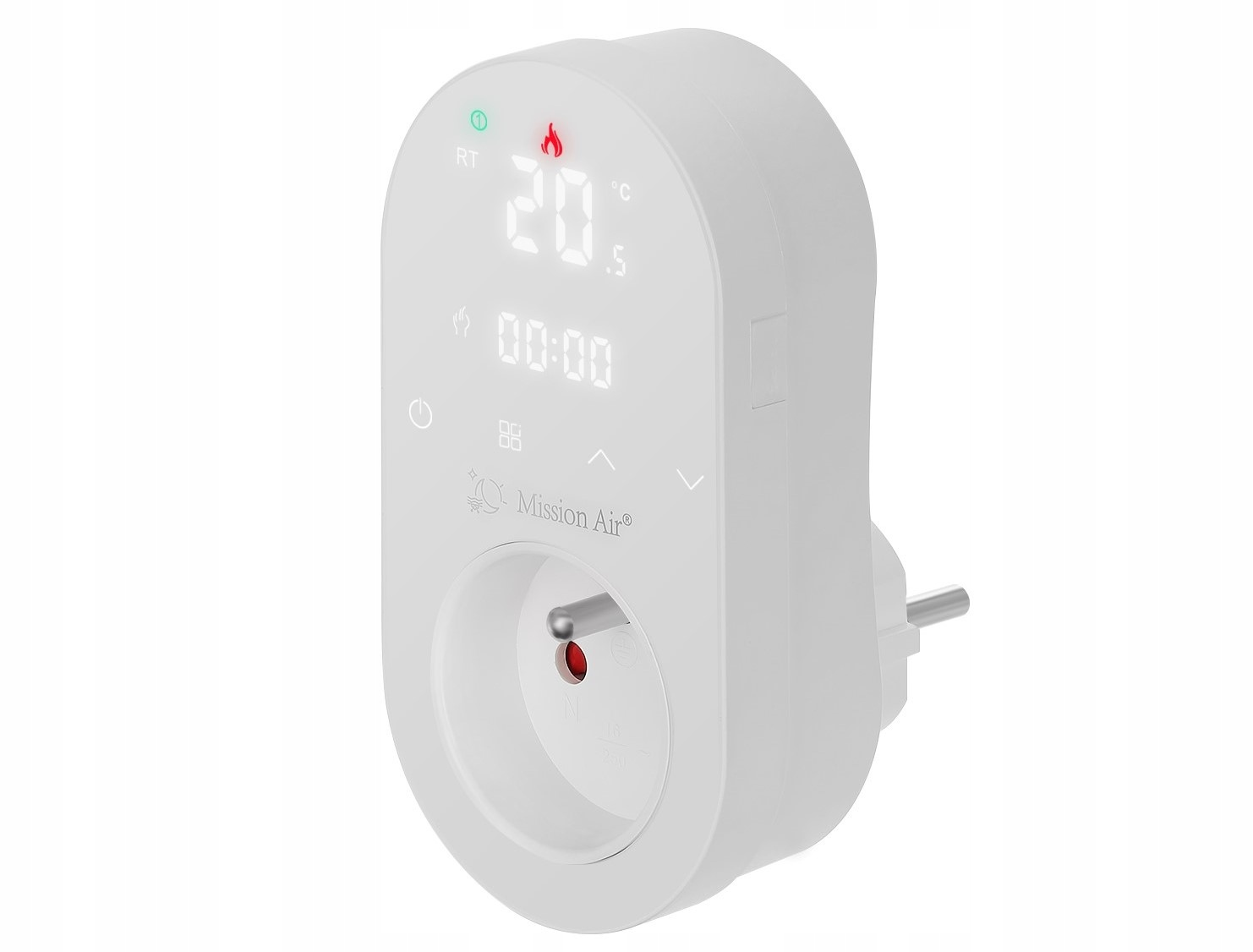 Biała cyfrowa wtyczka termostatu pokazuje 20 stopni Celsjusza i godzinę 00:00.