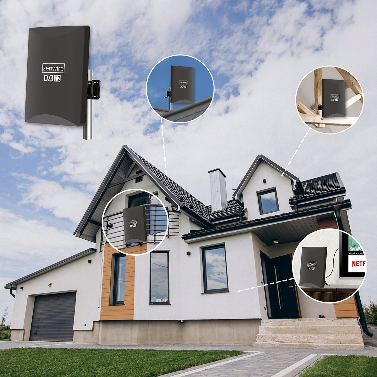 Czarna antena DVB T2 jest zamontowana na domu.