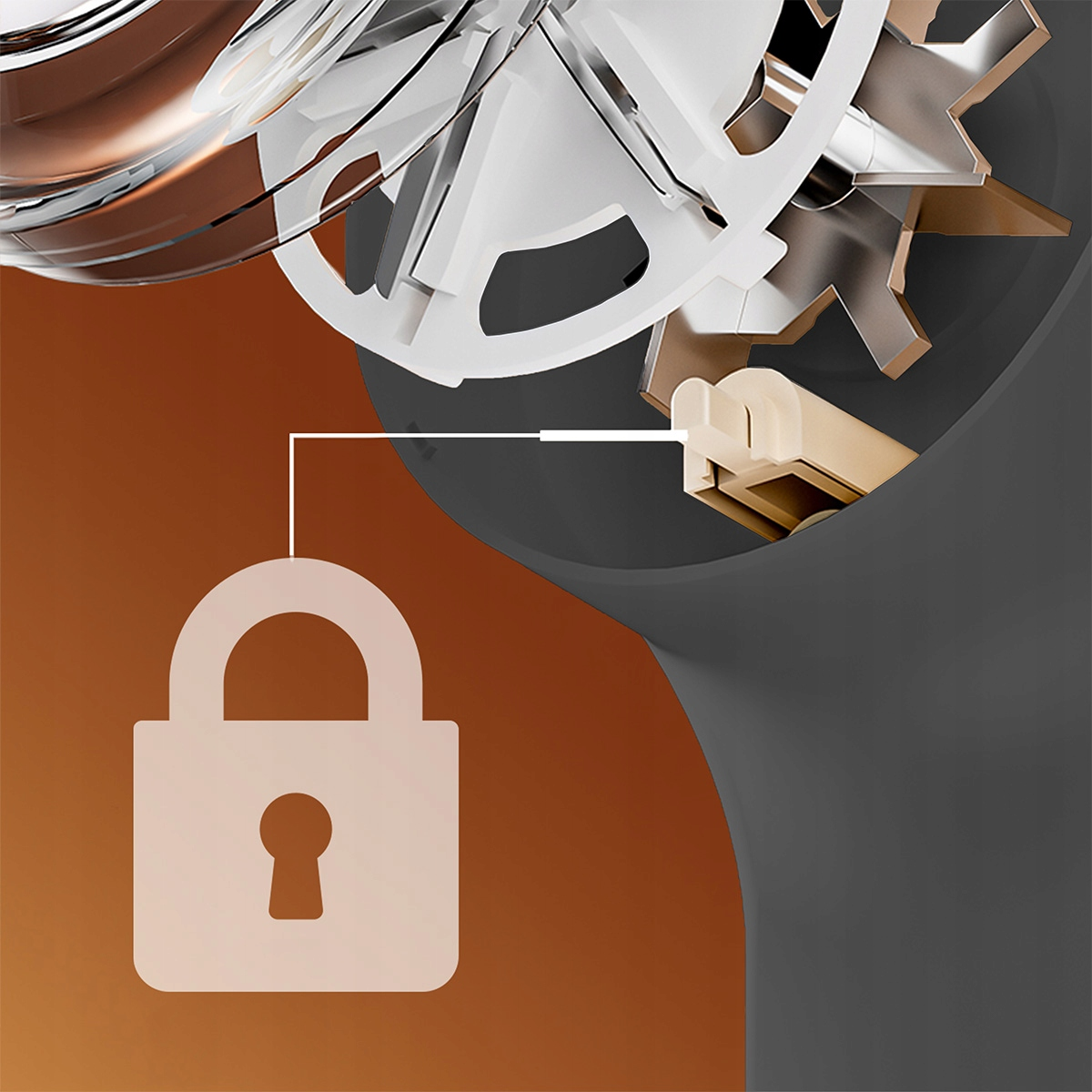 Zbliżenie stylizowanego symbolu kłódki i wewnętrznych części mechanicznych.