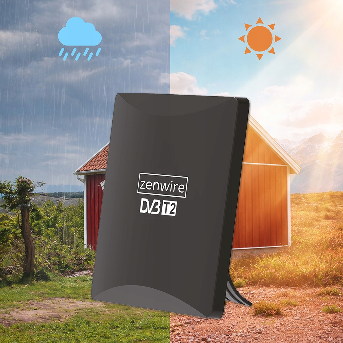 Czarny dekoder DVB T2 na tle podzielonej sceny deszczu i słońca.