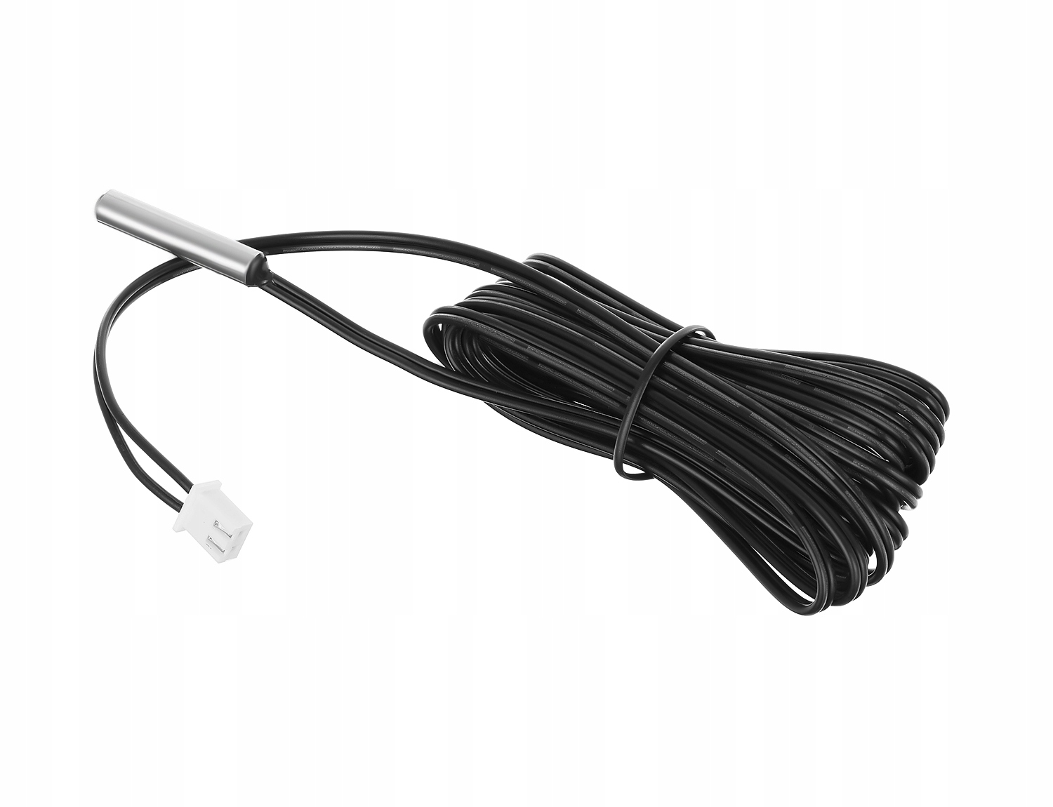 Srebrny czujnik temperatury z czarnym przewodem i białym złączem.