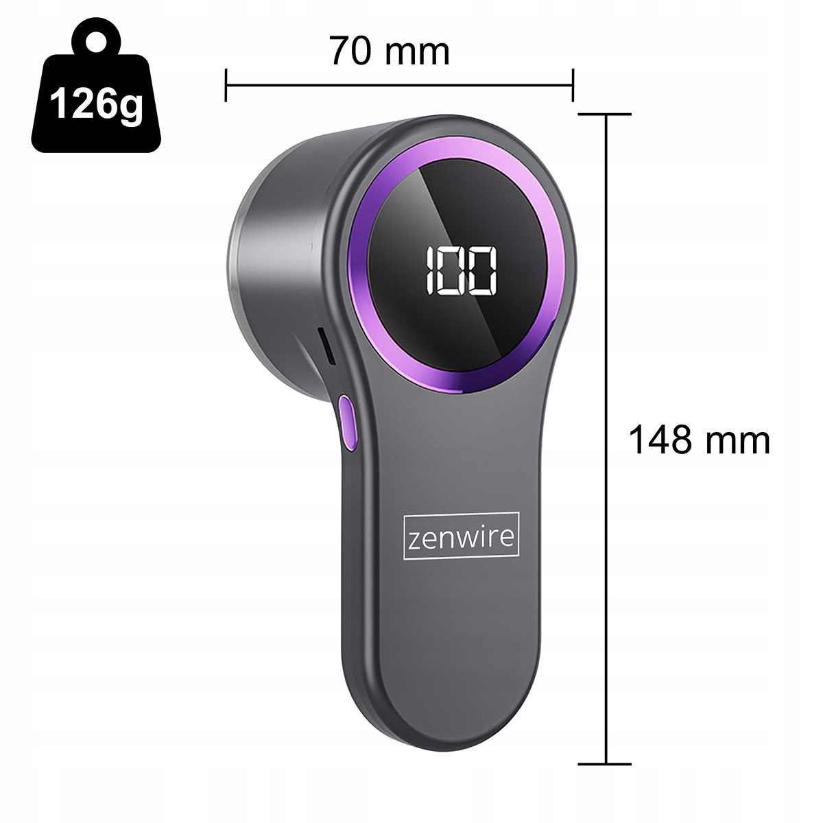 Szary golarka do tkanin z fioletową obwódką. Wymiary 70x148mm. Waży 126g.