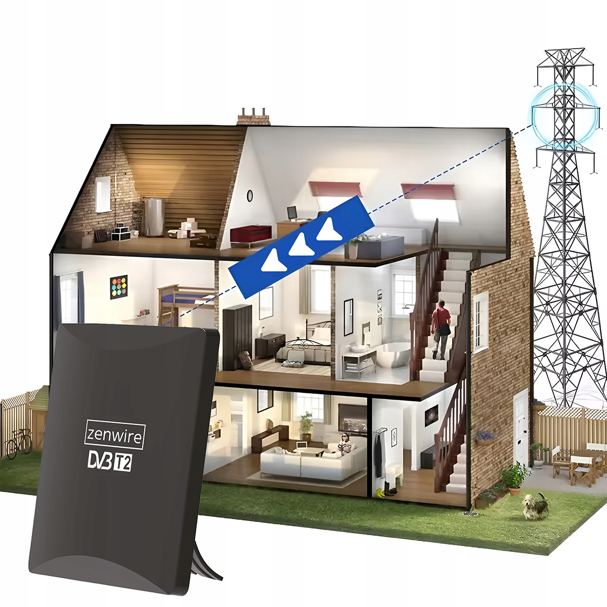 Dom z urządzeniem DVB T2 i wieżą transmisyjną. Widok z przekroju pokazuje strefy mieszkalne.