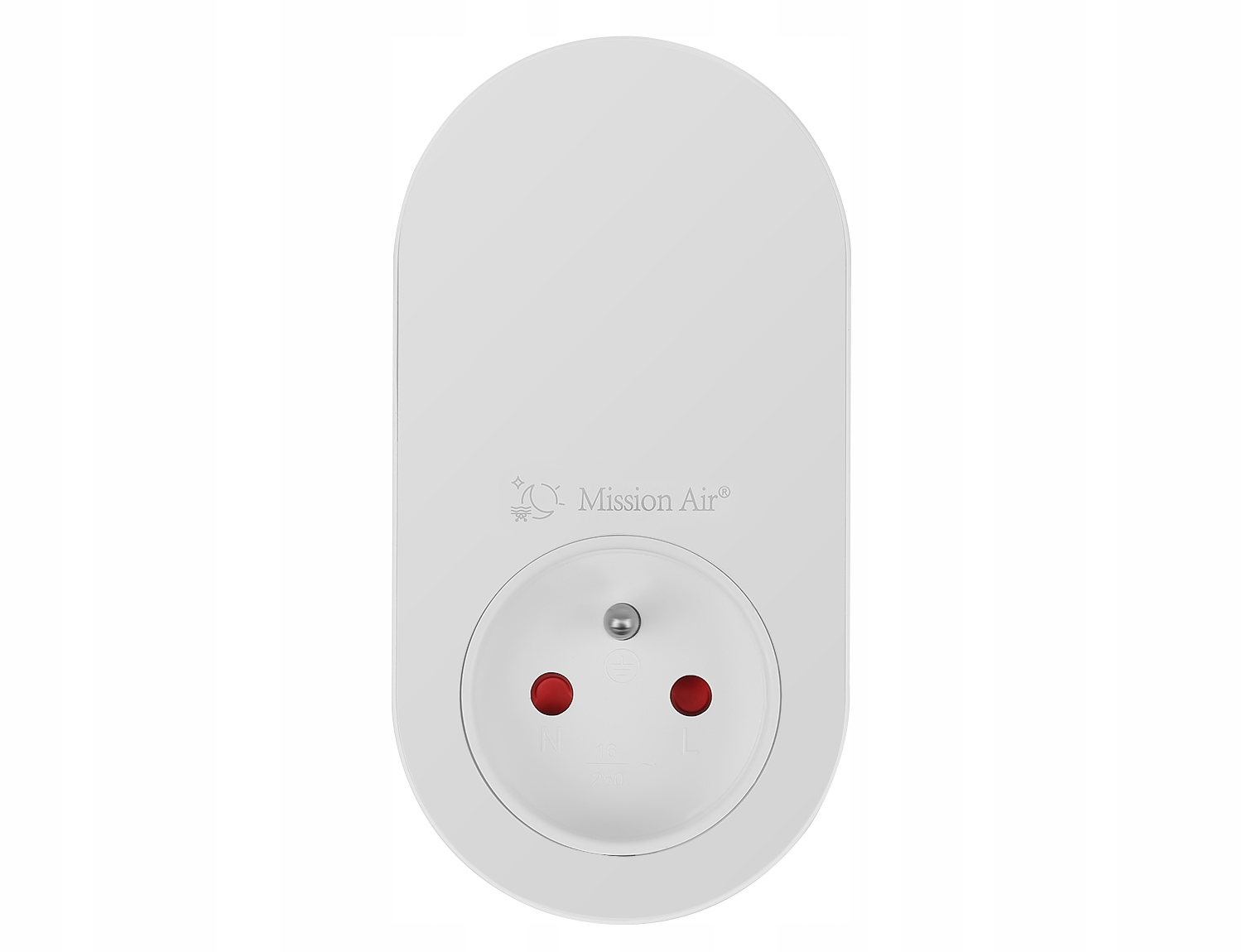 Biała wtyczka z gniazdem i czerwonym punktem.