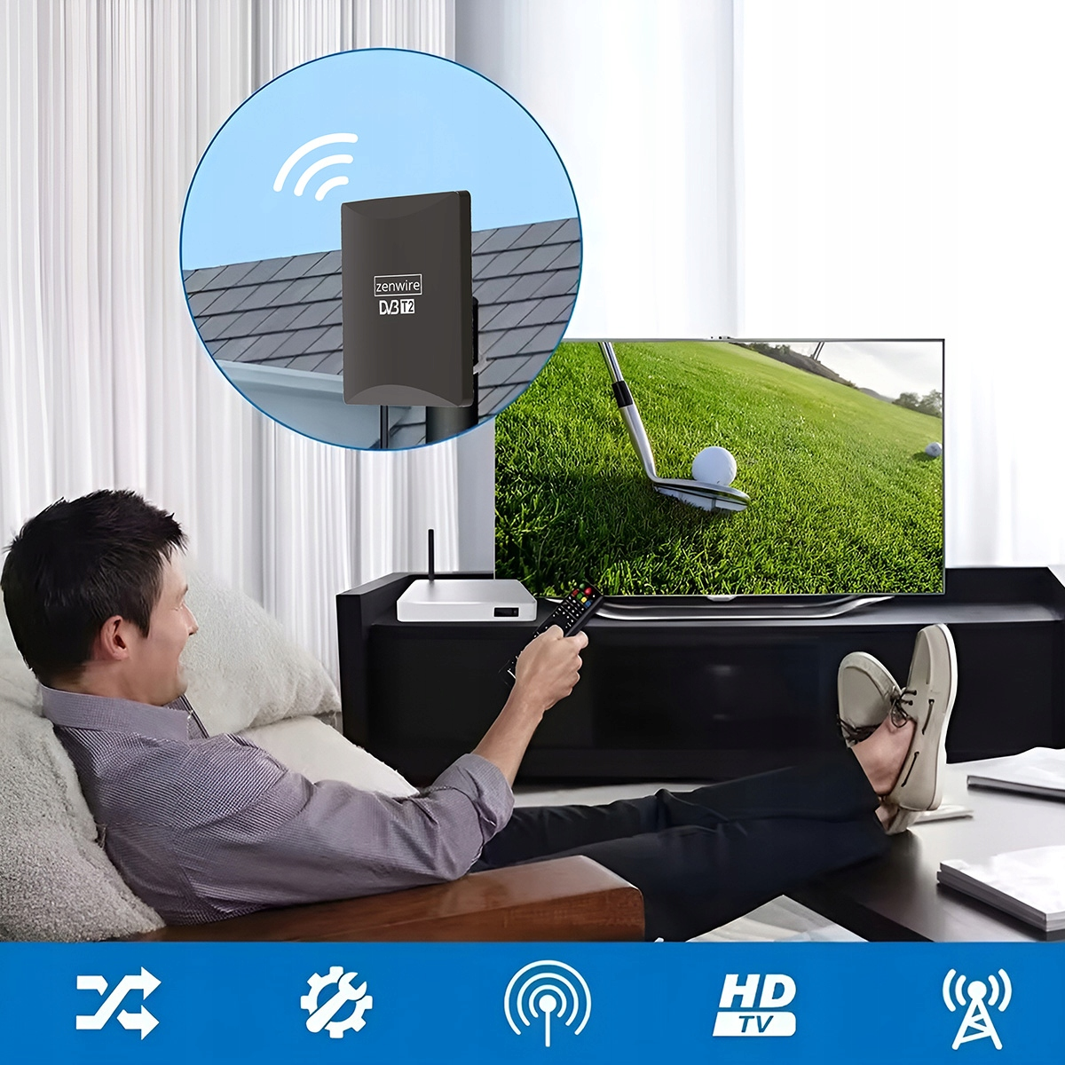 Mężczyzna ogląda golfa w TV; antena DVB-T2 na dachu.