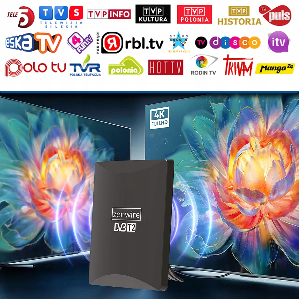 Czarny odbiornik DVB T2 przed dwoma telewizorami 4K z motywami kwiatowymi.