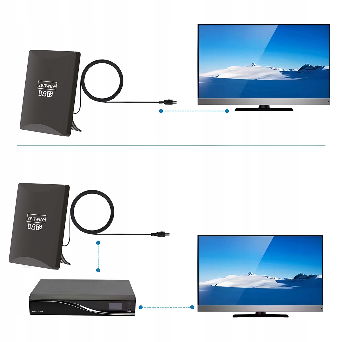 Czarna antena DVB T2 podłączona do telewizora lub odbiornika.