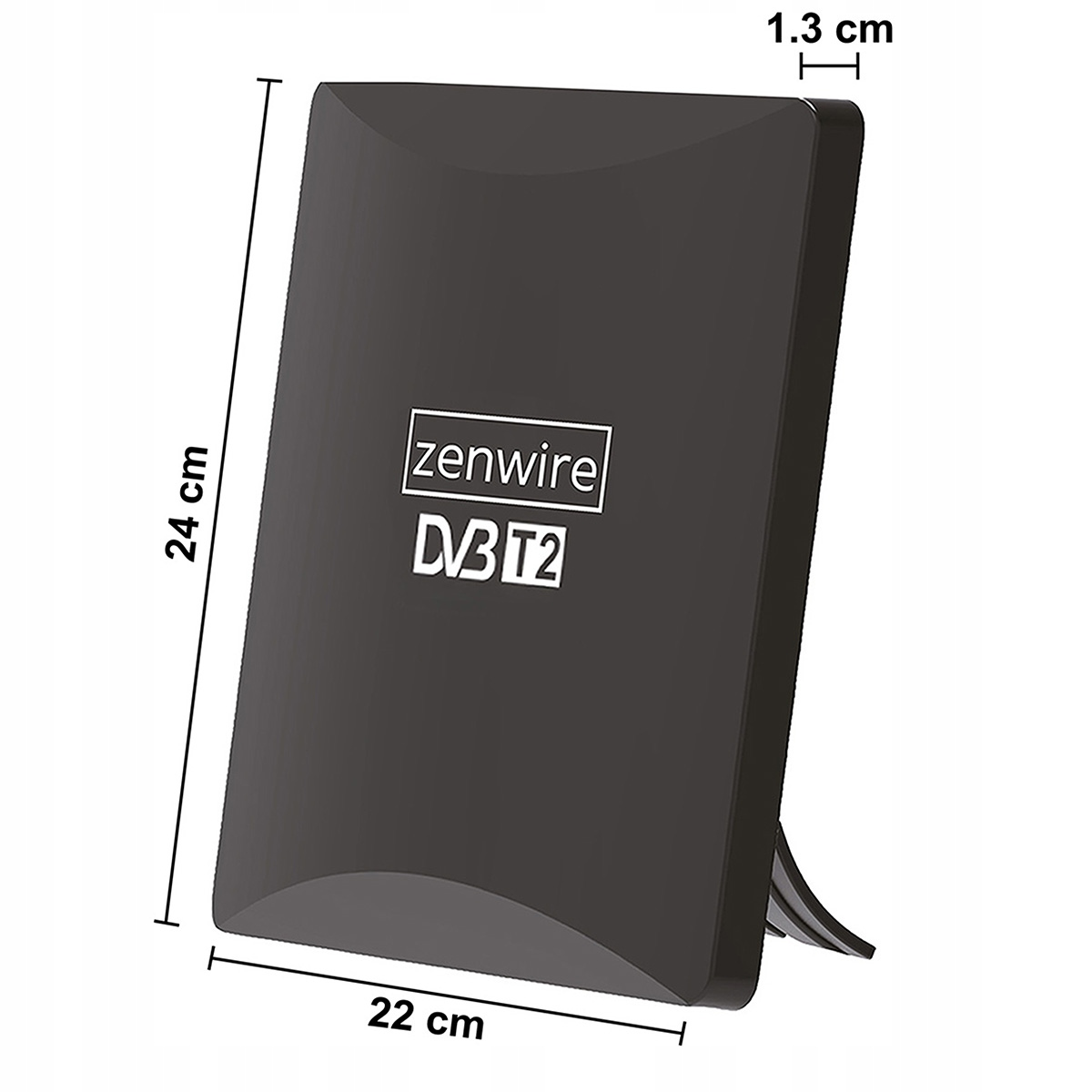 Czarny odbiornik Zenwire DVB T2 o wymiarach 24x22x1,3 cm ze stojakiem.