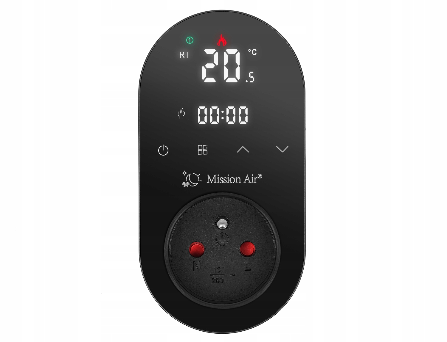 Czarny termostat pokazuje 20,5 stopnia i godzinę 00:00, z gniazdkiem.