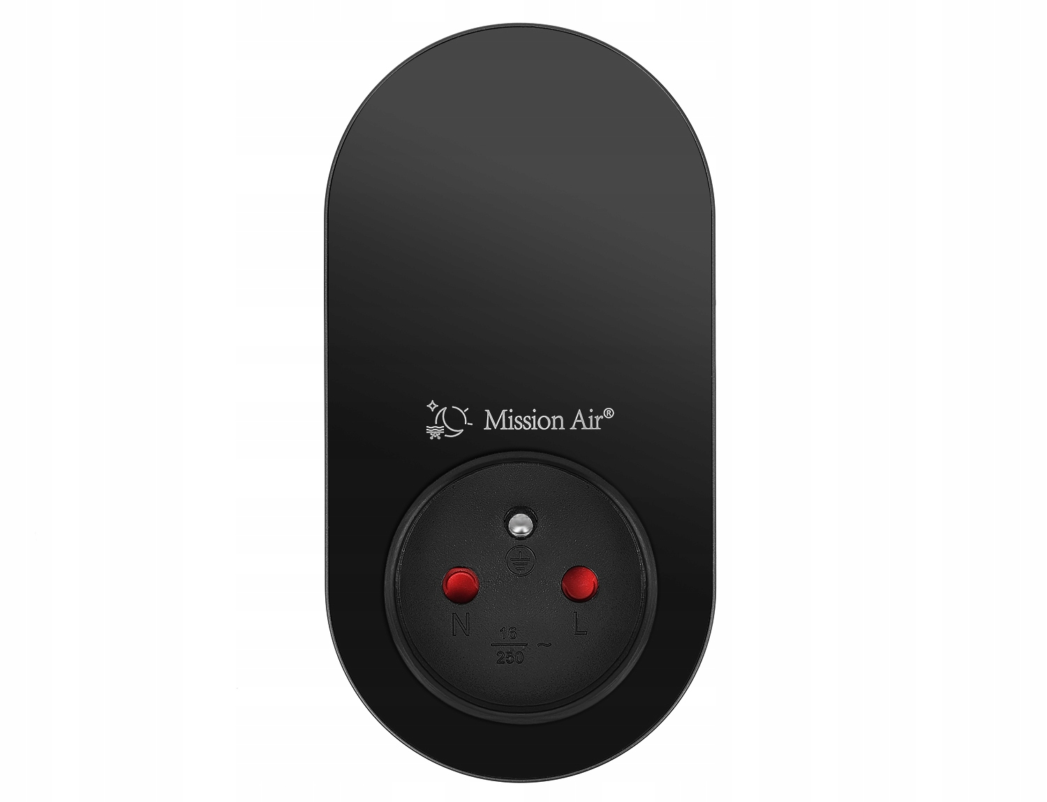 Czarna wtyczka z logo "Mission Air" i gniazdem.